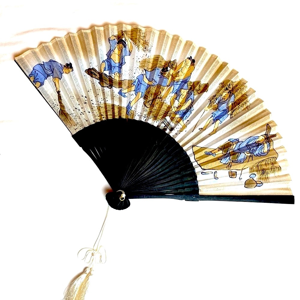 Vintage bamboo, folding fan of Korea with folk picture